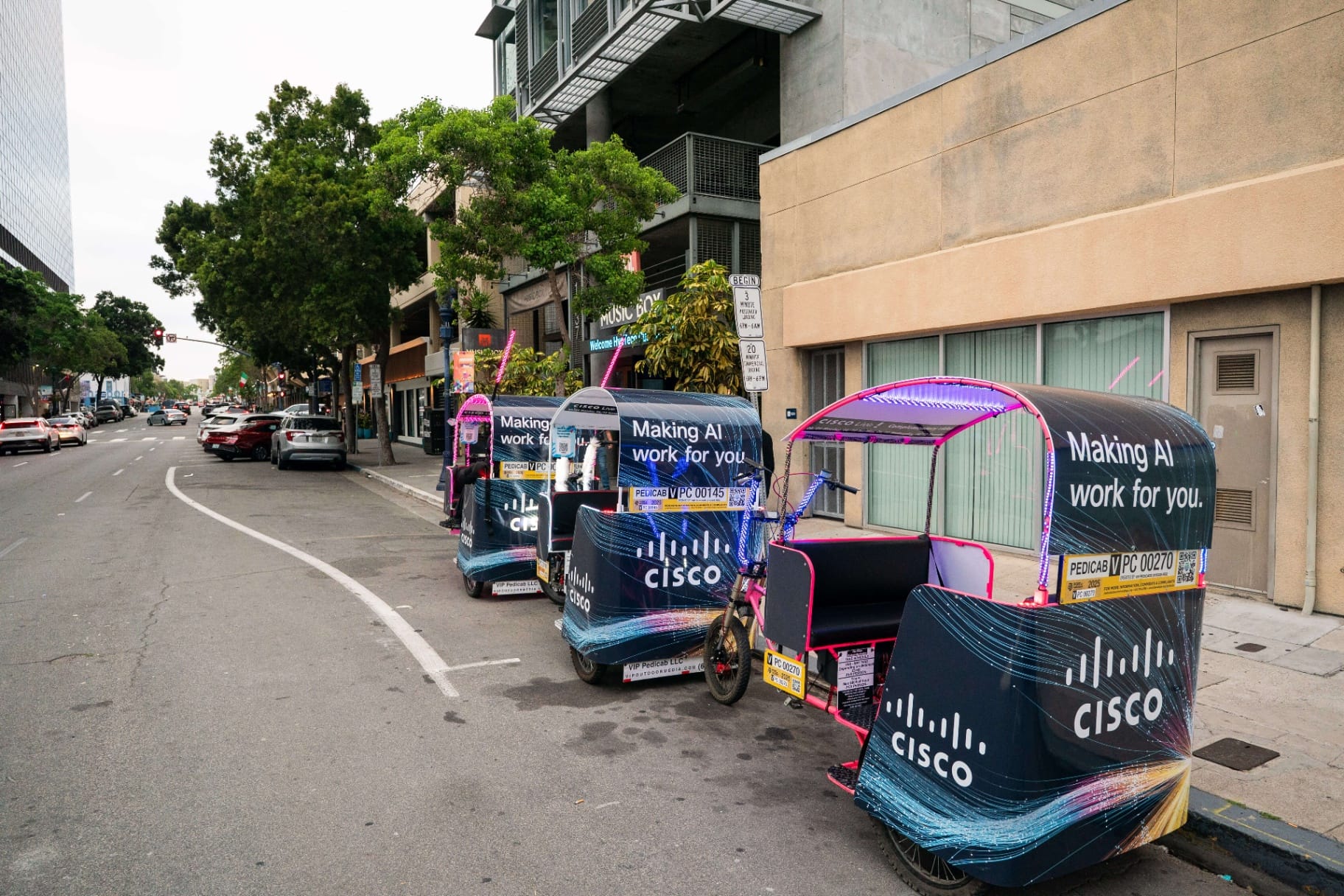 Cisco Live Making AI Work pedicab fleet with LED lights downtown San Diego