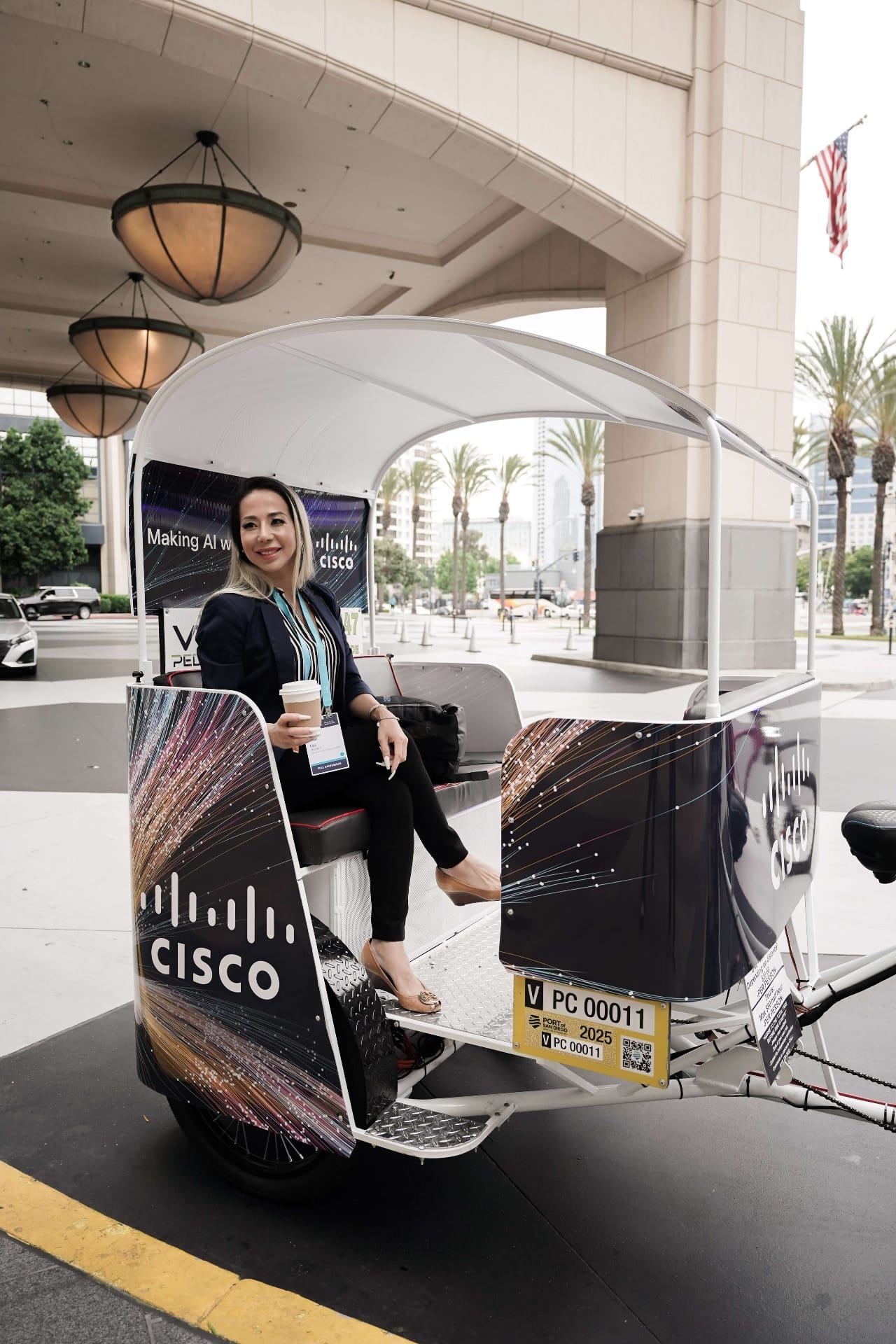 Cisco pedicab passenger with coffee at hotel pickup San Diego