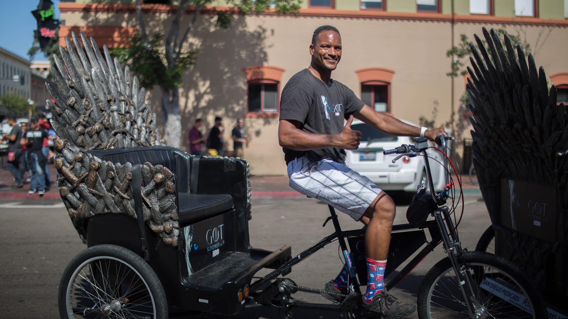 HBO Game of Thrones Iron Throne pedicab driver at San Diego Comic-Con